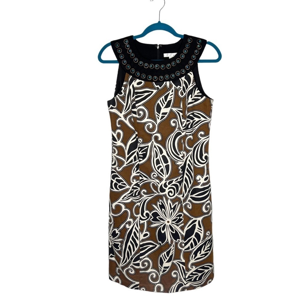 NWT WD.NY Brown Black Leaf Scroll Print Embellished Neckline Sheath Dress